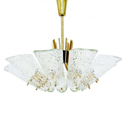 J.T. Kalmar Textured Glass and Brass 9-Arm Chandelier