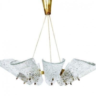 Huge J.T. Kalmar Textured Glass and Brass 9-Arm Chandelier